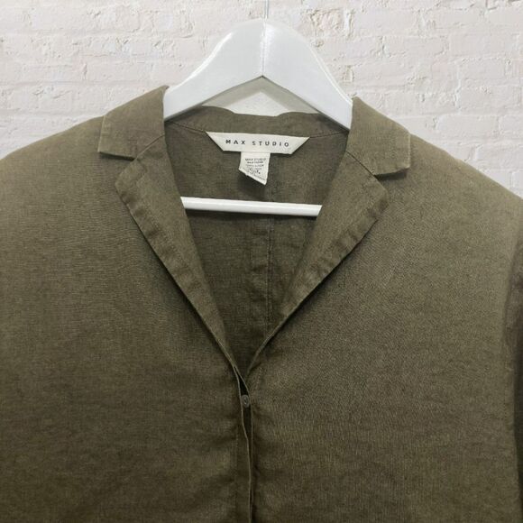 Max Studio Shirt Size M 100% Linen Olive Green Button Front 3/4 Sleeve - Picture 5 of 13